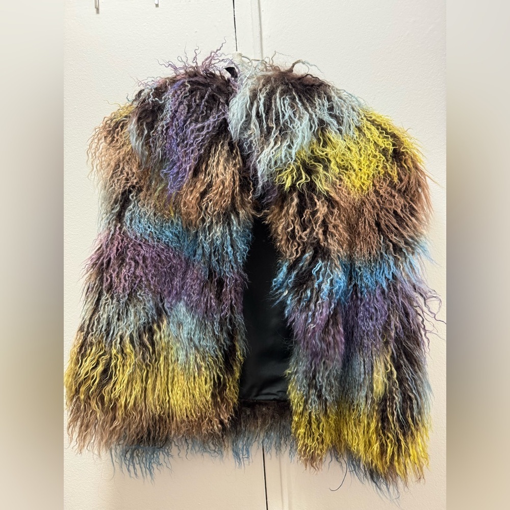 Adrienne Landau Mongolian Lamb Shaggy Fur Vest in Colorful Hues Small